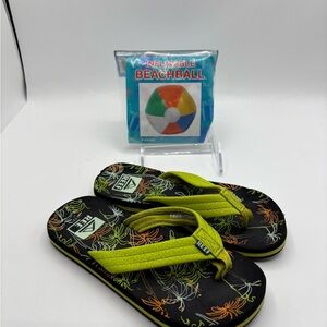 REEF Kids Ahi Flip Flops Neon Palm Tropical Print Size 13  with beach ball